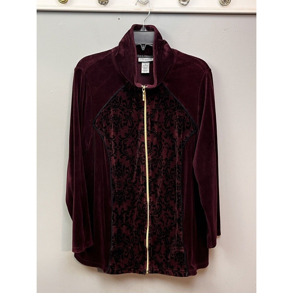Catherines Womens 1X Burgundy Velour Damask Flocked Full Zip Mock Neck Jacket
